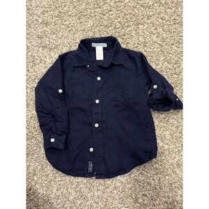 Janie & Jack 2T 2 Navy Blue Linen Dress Shirt Roll Tab Long Sleeve Toddler Boy
